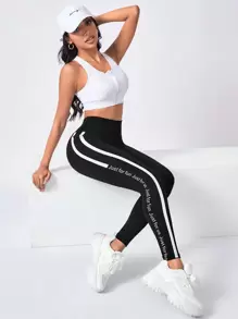 Easithlete 字母图案侧条纹运动紧身裤瑜伽女裤 - 黑色 - 查看 4