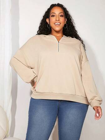 SHEIN CURVE+ Plus Half Zip Drop Shoulder Hoodie