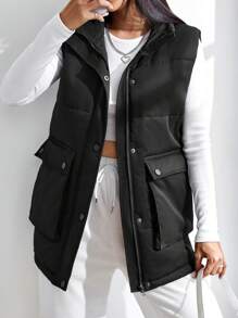 SHEIN EZwear 翻蓋口袋羽絨背心大衣 - 黑色 - 查看 1