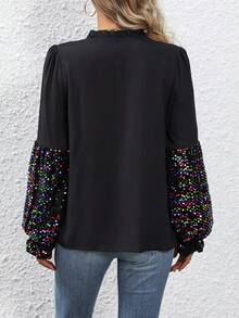 SHEIN Clasi 亮片拼接荷葉袖繫帶領襯衫 - 黑色 - 查看 2