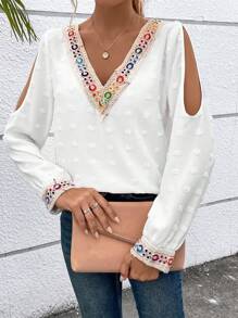 Chiquease Swiss Dot Contrast Tape Cut Out Lantern Sleeve Blouse - White - View 1