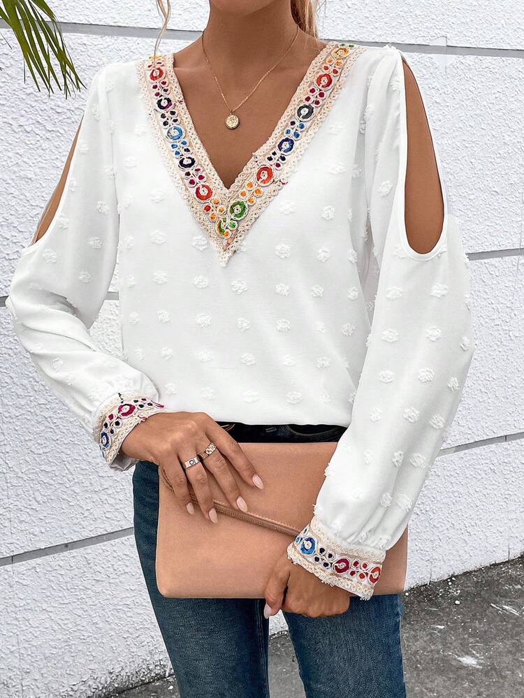 Swiss Dot Contrast Tape Cut Out Lantern Sleeve Blouse