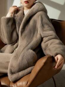 Solid Drop Shoulder Hooded Fluffy Coat - Grey - View 7