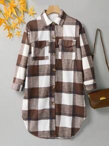 Teen Girl Plaid Print Flap Pocket Curved Hem Overcoat