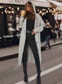 SHEIN Frenchy Drop Shoulder Hooded Longline Hooded Cardigan - Grey - View 4