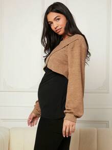 SHEIN Maternity Drop Shoulder Wrap Front 2 In 1 Nursing Sweatshirt - Khaki - View 3