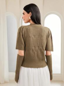 Mulvari 素色紋理質感針織上衣帶袖子 - 橄欖綠 - 查看 2
