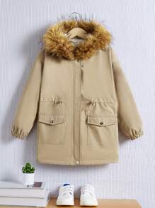 SHEIN Cô gái Tween Túi có nắp Eo dây rút Trang trí Fuzzy áo có mũ Lót nhiệt áo - Màu Khaki - Xem 1