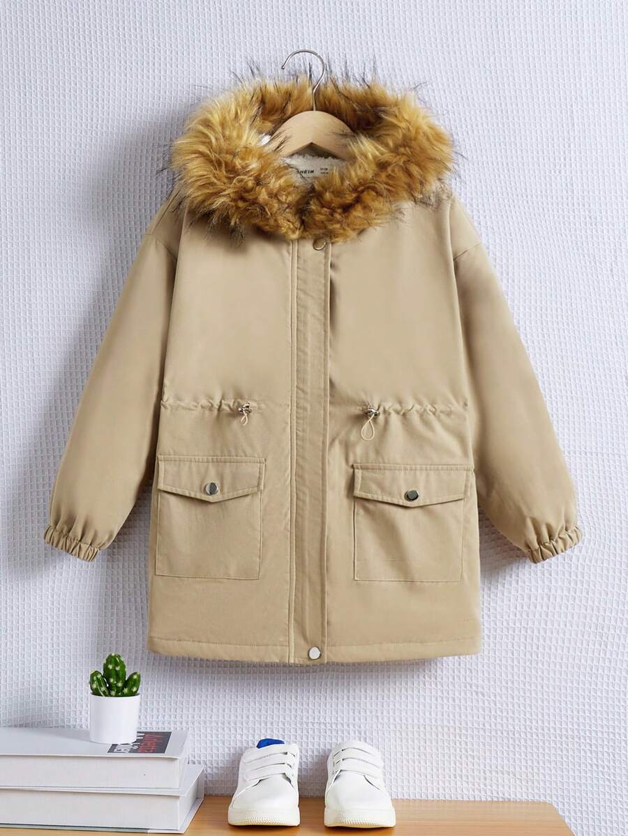 SHEIN Cô gái Tween Túi có nắp Eo dây rút Trang trí Fuzzy áo có mũ Lót nhiệt áo - Màu Khaki - Xem 1