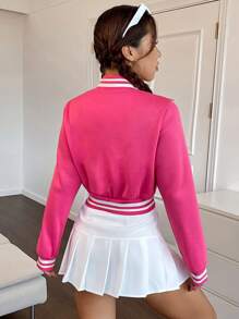 SHEIN Unity Letter Graphic Striped Trim Crop Varsity Jacket Fall Winter Cloth For Women - Hot Pink - View 2
