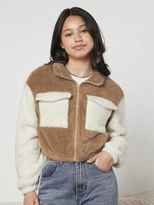 Thiếu niên cô gái Khối màu Túi có nắp Thả vai Áo Teddy Jackets - Nhiều màu - Xem 6