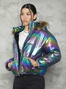 SHEIN Teen Girl Holographic Fuzzy Trim Hooded Padded Coat,In Fall/Winter - Multicolor - View 1