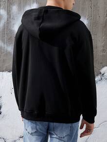Manfinity Hypemode Men's Loose Fit Letter Print Zipper Closure Hoodie With Drop Shoulder Design - Black - View 2