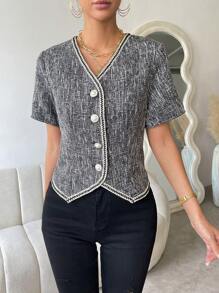 SHEIN Privé Contrast Trim Button Front Jacket - Black and White - View 1