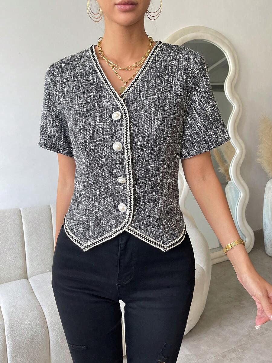 SHEIN Privé Contrast Trim Button Front Jacket - Black and White - View 1