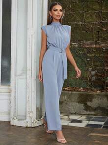 Simple And Retro Standing Collar Sleeveless Pleated Belt Slim Wide Leg Jumpsuit Woman