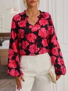 SHEIN LUNE Floral Print Lantern Sleeve Blouse - Black - View 4