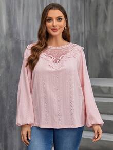 SHEIN Clasi Plus Eyelet Embroidery Contrast Lace Lantern Sleeve Tee - Pink - View 5