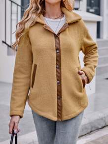 Chiquease Contrast Trim Drop Shoulder Teddy Coat - Khaki - View 5