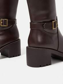 SheIn MOD Women's Fashionable & Comfortable Brown Buckle Decorated Warm Motorcycle Boots - Brown - View 5