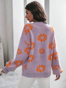 SHEIN LUNE Floral Pattern Drop Shoulder Sweater Knit Pullover Fall Winter Outfit