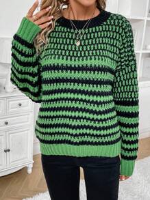 SHEIN LUNE Striped Pattern Drop Shoulder Knit Pullover Fall Winter Sweater - Multicolor - View 4