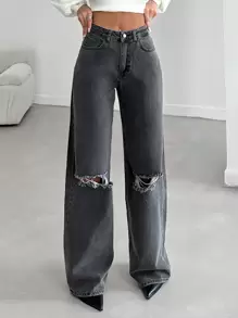 EURMUSE Ripped Wide Leg Jeans - Dark Grey - View 3