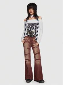 ROMWE Grunge Punk 一字肩人像&字母圖案套頭毛衣 - 白色 - 查看 1