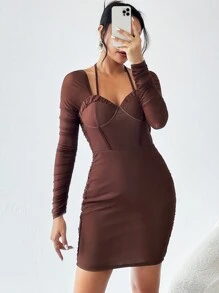 SHEIN Privé 後綁帶褶邊緊身洋裝 - 巧克力棕 - 查看 3