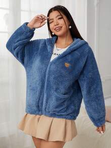 SHEIN EZwear Hơn Phim hoạt hình vá Chi tiết Túi Kép áo có mũ Áo Teddy Jackets - Màu xanh lam - Xem 2
