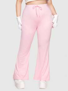 ROMWE Kawaii Plus Solid Knot Flare Leg Pants - Pink - View 1
