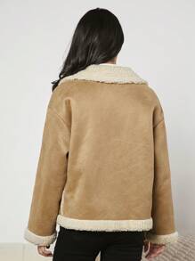 SHEIN Thiếu niên cô gái Cổ áo Lót Teddy Áo khoác - Màu Khaki - Xem 2