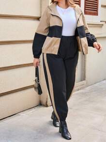 SHEIN Essnce 大碼撞色拉鏈開襟連帽夾克和褲子 - 彩色 - 查看 5