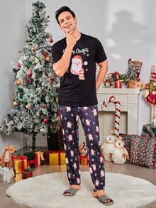 男士圣诞圣诞老人与口号图案睡衣套装/睡衣套装 - 彩色 - 查看 4