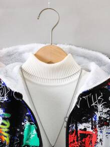 SHEIN Young Boy Graffiti Print Plush Lined Hooded Padded Coat Without Sweater - Multicolor - View 3