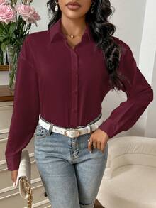 SHEIN Essnce Split Back Drop Shoulder Shirt - Burgundy - View 5