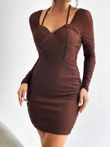 SHEIN Privé 後綁帶褶邊緊身洋裝 - 巧克力棕 - 查看 6