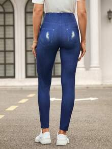 SHEIN LUNE In Đồ họa Denim Hiệu ứng Xà cạp - Màu xanh lam - Xem 2