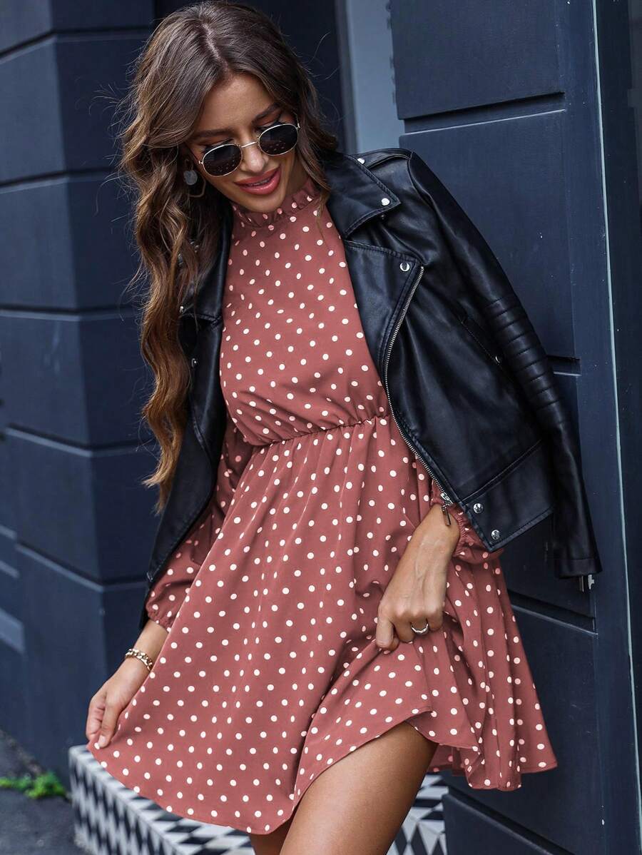 SHEIN Clasi In vết tròn Polka Cổ giả Váy chữ A - Hồng - Xem 1
