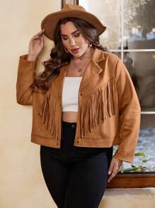 SHEIN VCAY Plus Fringe Trim Lapel Neck Suedette Jacket - Brown - View 4