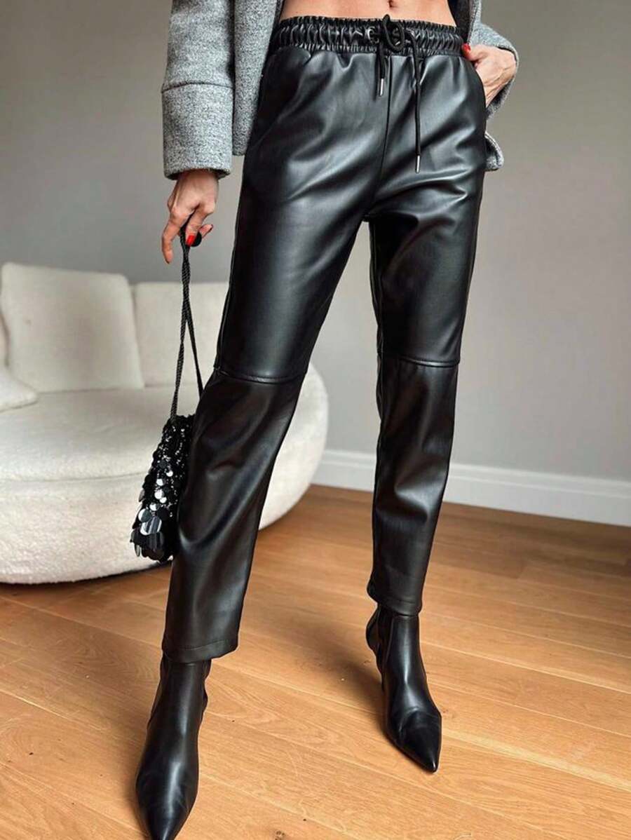 EURMUSE Drawstring Waist PU Leather Pants - Black - View 1