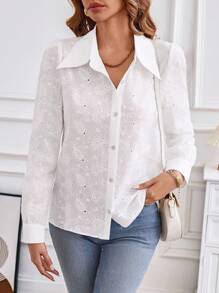 SHEIN Frenchy 網眼刺繡前紐扣襯衫 - 白色 - 查看 6