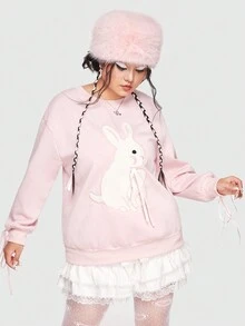 ROMWE Kawaii Plus Rabbit Embroidery Drop Shoulder Sweatshirt - Pink - View 3
