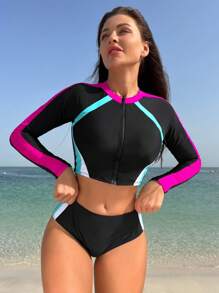 Swim SPRTY Summer Beach Sports Color Block Surfing Suit - Black - View 4