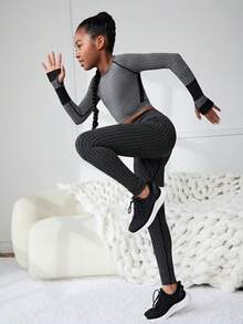 SHEIN Tween Girl Ribbed Knit Tummy Control Sports Leggings - Multicolor - View 3