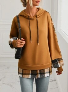 SHEIN LUNE 格紋印花落肩袖抽繩連帽衫 - 棕色 - 查看 5