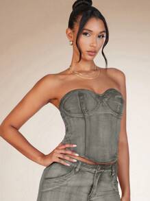 SHEIN BAE Solid Bustier Tube Denim Top - Army Green - View 3