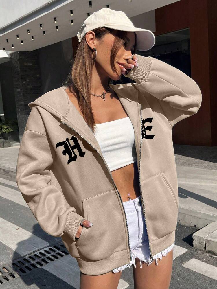Letter Graphic Zip Up Drop Shoulder Hoodie