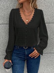 Pariaura 瑞士圆点花边蕾丝花边荷叶边袖衬衫，女士休闲撞色蕾丝，荷叶边长袖 V 领常规版型常规黑色喇叭袖女式衬衫，春/秋，休闲日常穿着，长袖上衣 - 黑色 - 查看 3