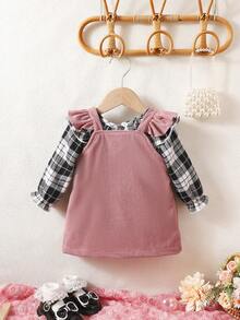 女嬰格紋印花荷葉邊襯衫&背帶洋裝 - 黑與白 - 查看 2